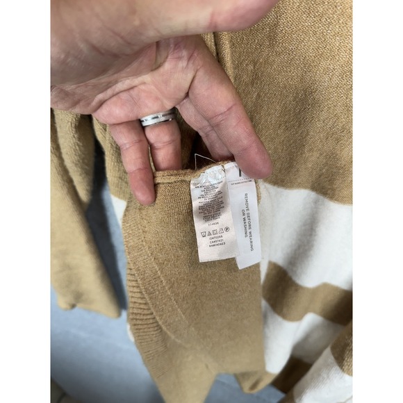 LOFT Cardigan Sweater‎ Womens Medium Tan White Stripe Open Front Pockets Casual - Picture 4 of 10